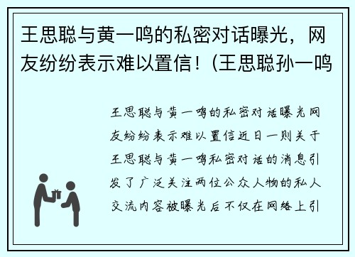 王思聪与黄一鸣的私密对话曝光，网友纷纷表示难以置信！(王思聪孙一鸣聊天记录)