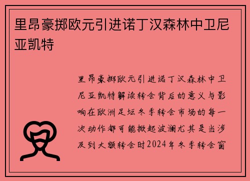 里昂豪掷欧元引进诺丁汉森林中卫尼亚凯特