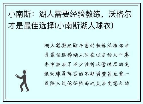 小南斯：湖人需要经验教练，沃格尔才是最佳选择(小南斯湖人球衣)
