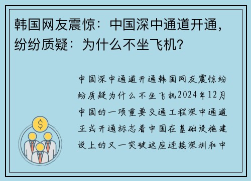 韩国网友震惊：中国深中通道开通，纷纷质疑：为什么不坐飞机？