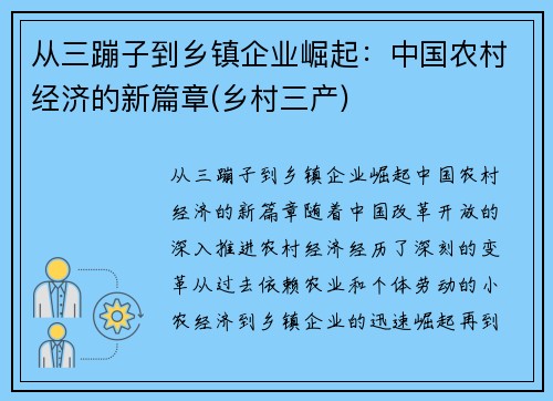 从三蹦子到乡镇企业崛起：中国农村经济的新篇章(乡村三产)