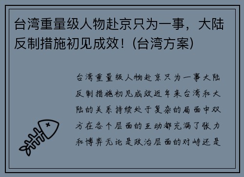 台湾重量级人物赴京只为一事，大陆反制措施初见成效！(台湾方案)