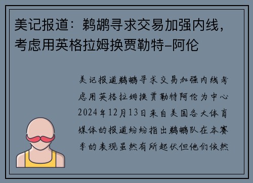 美记报道：鹈鹕寻求交易加强内线，考虑用英格拉姆换贾勒特-阿伦