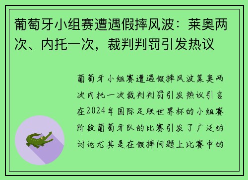 葡萄牙小组赛遭遇假摔风波：莱奥两次、内托一次，裁判判罚引发热议